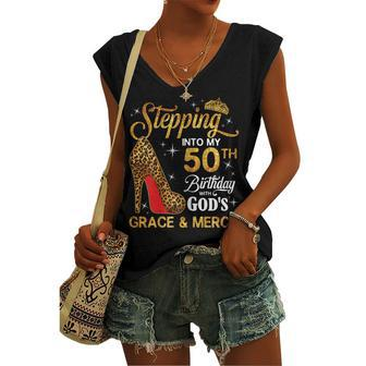 Womens 50Th Birthday Leopard Shoes Stepping Into My 50Th Bday Women's Vneck Tank Top - Seseable