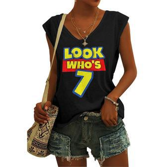 7 Years Old Birthday Party Toy Theme Boys Girls Look Whos 7 Birthday Women's V-neck Tank Top | Mazezy