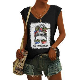 All American Airforce Mom Messy Bun Us Flag 4Th Of July Women's Vneck Tank Top - Seseable