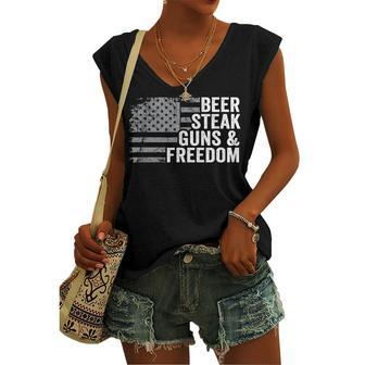 Beer Steak Guns & Freedom - 4Th July Usa Flag Drinking Bbq Women's Vneck Tank Top - Seseable
