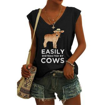 Cow For & Girls Cute Easily Distracted By Cows Women's V-neck Tank Top | Mazezy