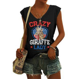 Crazy Giraffe Lady American Flag Patriotic Women 4Th July Women's Vneck Tank Top - Seseable