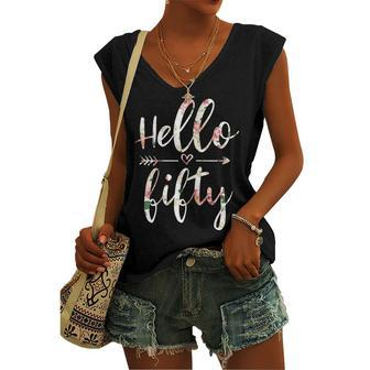 Womens Cute Hello Fifty Floral Arrows 50Th Birthday 50 Yrs Old 1972 Women's Vneck Tank Top - Seseable
