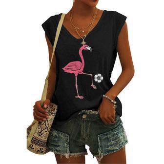 Flamingo Playing Soccer Football Player Women's V-neck Tank Top | Mazezy