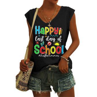 Funny Happy Last Day Of School Hello Summer Multicolored Women's V-neck Casual Sleeveless Tank Top | Favorety AU