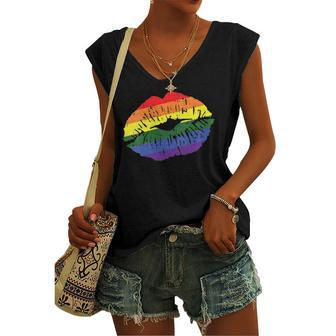 Gay Kiss Rainbow Pride Flag Sexy Lips Proud Lgbt Q Ally Women's V-neck Tank Top | Mazezy