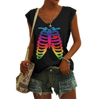 Gay Rainbow Pride Lgbt Halloween Skeleton Women's V-neck Tank Top | Mazezy