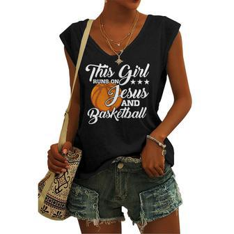This Girl Runs On Jesus And Basketball Christian Women's V-neck Tank Top | Mazezy