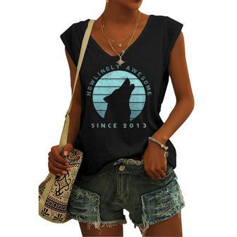 Howlingly Awesome Since 2013 9 Years Old Howling Wolf Women's V-neck Tank Top | Mazezy