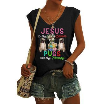 Jesus Is My Savior Pugs Are My Therapy Cute Pugs Easter Eggs Women's V-neck Tank Top | Mazezy