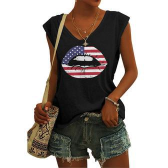 Lips Kiss American Flag Usa 4Th Of July Fourth Girls Women's V-neck Tank Top | Mazezy