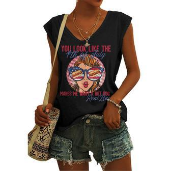 You Look Like The 4Th Of July Makes Me Want A Hot Dog Women's V-neck Tank Top | Mazezy