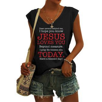 Person Behind Me I Hope You Know Jesus Loves You Bible Tee Women's V-neck Tank Top | Mazezy