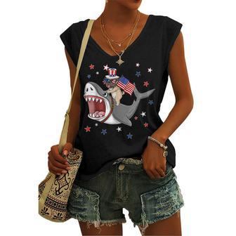 Pug Shark 4Th Of July Dog Mom Dad Puppy Lover Women's Vneck Tank Top - Seseable