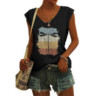 Retro Vintage Color Dragonfly Silhouette Women's V-neck Tank Top | Mazezy