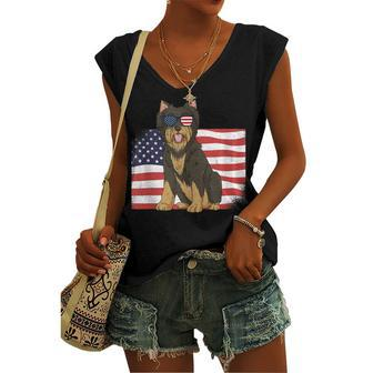 Yorkie Dad & Mom American Flag 4Th Of July Yorkshire Terrier Women's Vneck Tank Top - Seseable