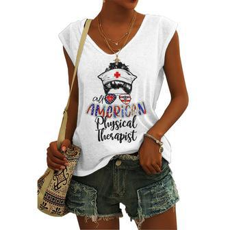 All American Nurse Messy Buns 4Th Of July Physical Therapist Women's Vneck Tank Top - Seseable