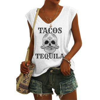 Cinco De Mayo Tacos & Tequila Sugar Skull Women's V-neck Tank Top | Mazezy