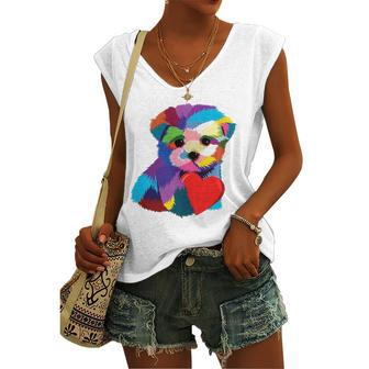 Cute Dog Rescue Teens Rainbow Puppy Heart Women's V-neck Tank Top | Mazezy