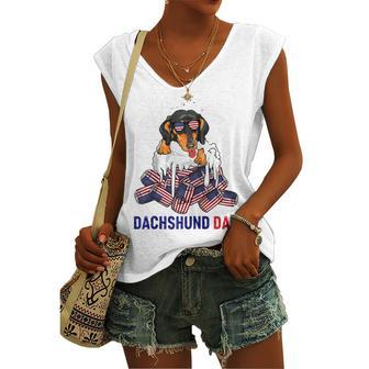 Dachshund Dad Beer Drinking 4Th Of July Us Flag Patriotic Women's Vneck Tank Top - Seseable