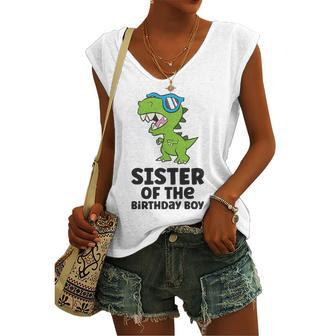 Dinosaur Birthday Sister Of The Birthday Boy Women's V-neck Tank Top | Mazezy