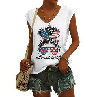 Womens Dispatcher Messy Bun American Us Flag 4Th Of July Women's Vneck Tank Top - Seseable