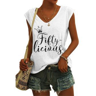 Womens Fiftylicious Crown 50Th Birthday For Her Queen Fifty-Licious Women's Vneck Tank Top - Seseable