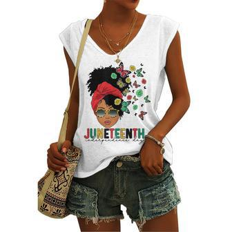 Junenth Is My Independence Day Black Queen And Butterfly Women's V-neck Tank Top | Mazezy