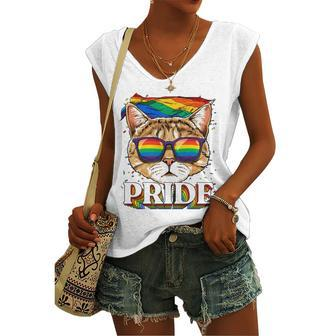 Lgbt Cat Gay Pride Lgbtq Rainbow Flag Sunglasses Women's V-neck Tank Top | Mazezy