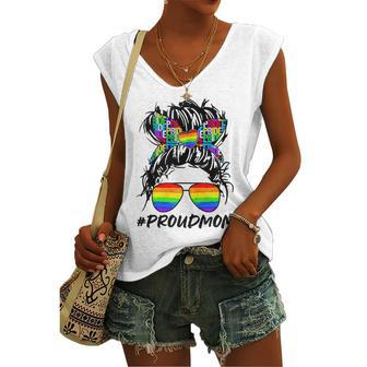 Proud Mom Lgbt Gay Pride Messy Bun Rainbow Lgbtq Women's V-neck Tank Top | Mazezy