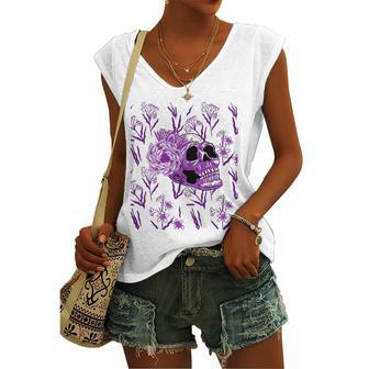 Purple Skull Flower Cool Floral Scary Halloween Gothic Theme Women's V-neck Tank Top | Mazezy