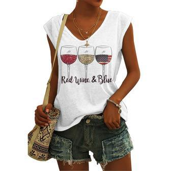 Red Wine & Blue 4Th Of July Wine Red White Blue Wine Glasses V2 Women's V-neck Tank Top | Mazezy