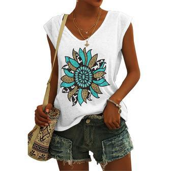 Turquoise Rodeo Decor Graphic Sunflower Women's V-neck Tank Top | Mazezy