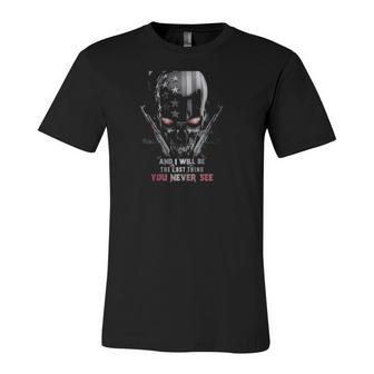 Threaten My And I Will Be The Last Thing You Never See Gun And Skull American Flag Jersey T-Shirt | Mazezy