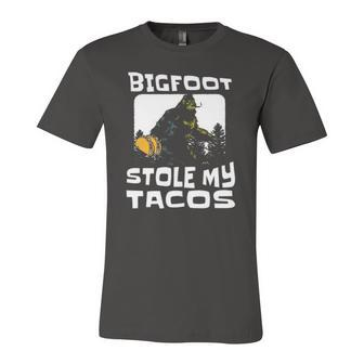 Bigfoot Stole My Tacos Foodie Sci-Fi Sasquatch Jersey T-Shirt | Mazezy