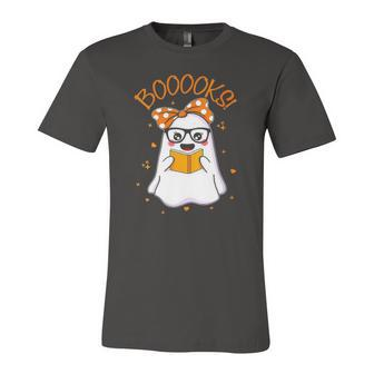 Booooks Cute Ghost Reading Library Books Halloween Teacher Jersey T-Shirt | Mazezy