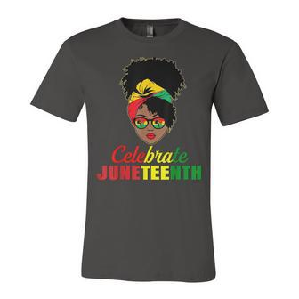 Celebrate Juneteenth Messy Bun Black Melanin Pride Jersey T-Shirt | Mazezy