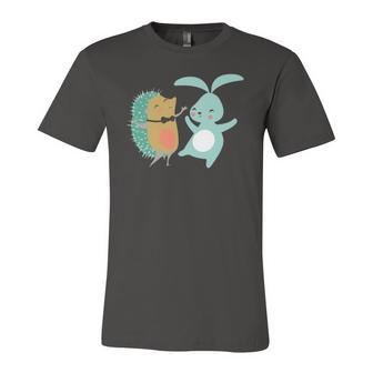 Cute Dancing Hedgehog & Rabbit Cartoon Art Jersey T-Shirt | Mazezy