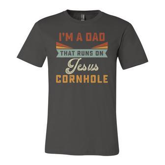 Im A Dad That Runs On Jesus Cornhole Christian Vintage Jersey T-Shirt | Mazezy