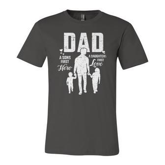 Dad Sons First Hero Daughters Love For Fathers Day Jersey T-Shirt | Mazezy