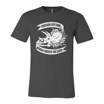 Dinosaur Eats Man Woman Inherits The Earth Jersey T-Shirt | Mazezy