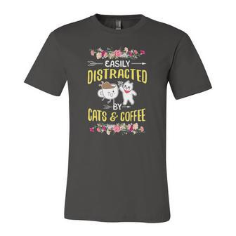 Easily Distracted By Cats And Coffee Cat Coffee Lover Jersey T-Shirt | Mazezy