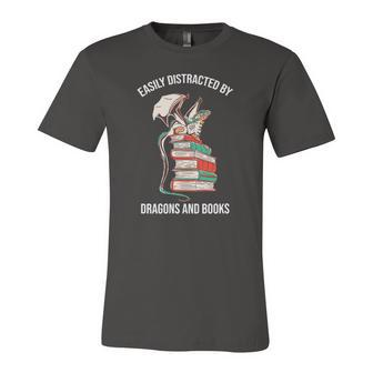 Easily Distracted By Dragons And Books Lover Jersey T-Shirt | Mazezy