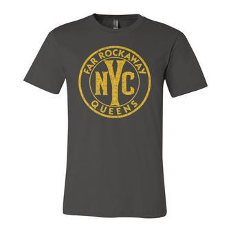 Far Rockaway Queens Nyc Vintage Sign Distressed Amber Print Jersey T-Shirt | Mazezy