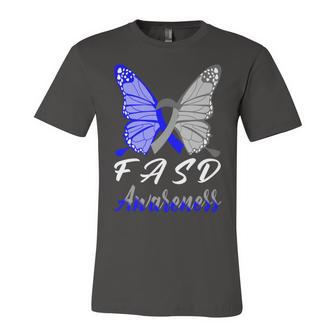 Fasd Awareness Butterfly Blue And Grey Ribbon Fetal Alcohol Spectrum Disorder Fetal Alcohol Spectrum Disorder Awareness Unisex Jersey Short Sleeve Crewneck Tshirt | Favorety AU