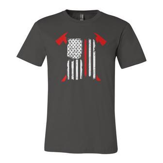 Firefighter Red Line Us Flag Crossed Axes Printed Back Jersey T-Shirt | Mazezy