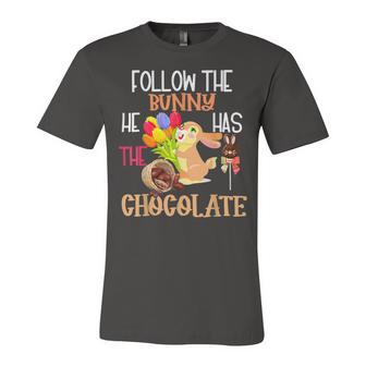 Follow The Bunny He Has Chocolate Unisex Jersey Short Sleeve Crewneck Tshirt | Favorety UK