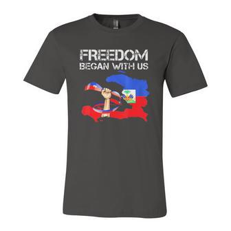 Freedom Began With Us Haitian Flag Happy Independence Day Jersey T-Shirt | Mazezy