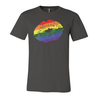 Gay Kiss Rainbow Pride Flag Sexy Lips Proud Lgbt Q Ally Jersey T-Shirt | Mazezy