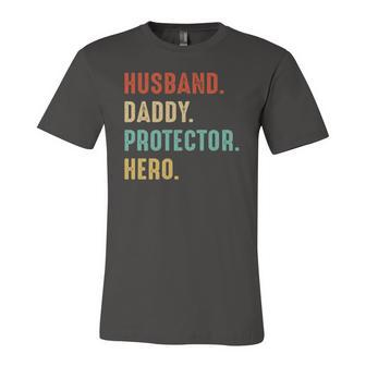 Husband Daddy Protector Hero Dad Father Fathers Day Jersey T-Shirt | Mazezy